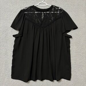 Plus Size Black Lace Yoke Flutter Sleeve Blouse 3X Keyhole Back Tord